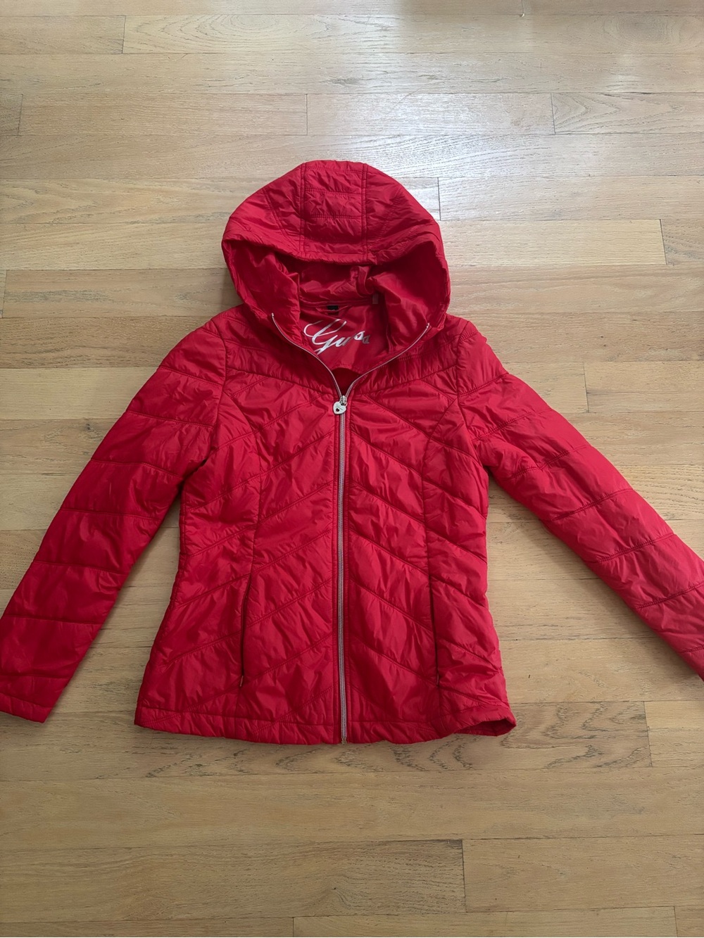 Guess Red Hooded Quilted Puffer Jacket